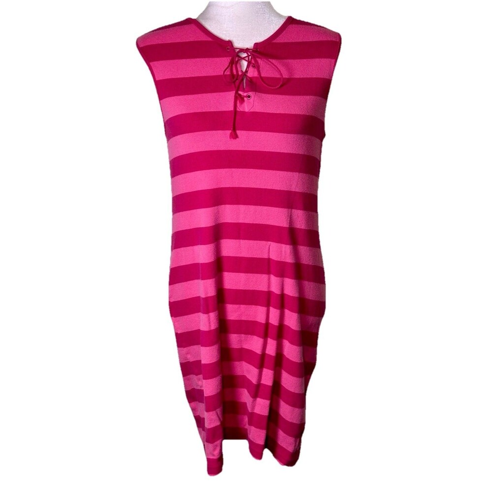 Woman’s Barbiecore Pink Striped Sleeveless‎ Dress Tie Front Lace Up Neck Sz Med